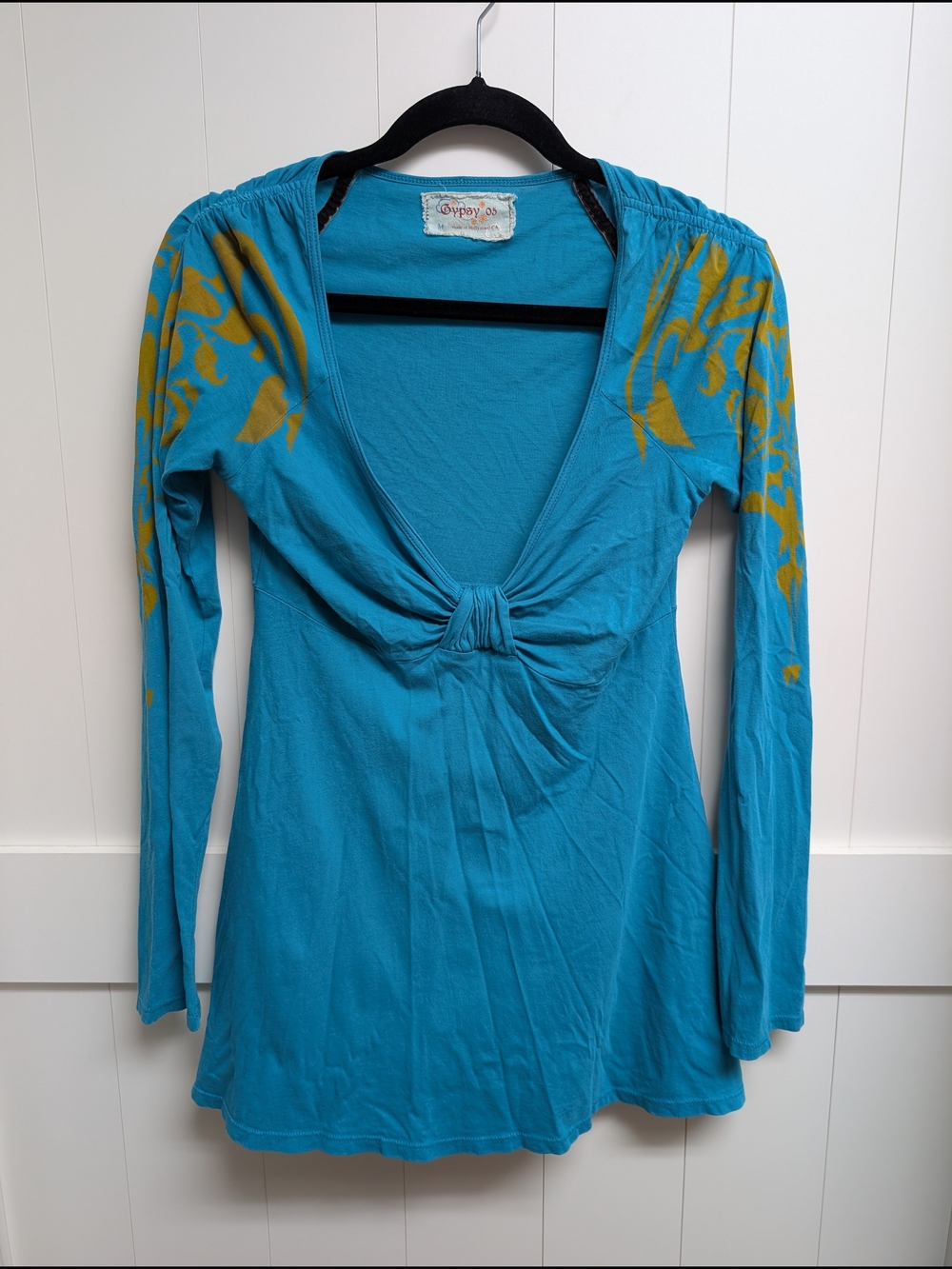 Y2K Babyfoll Gypsy 05 Turquoise Long Sleeve Knot-Front Top, Medium